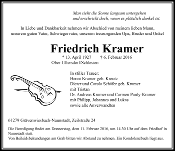 Traueranzeige von Friedrich Kramer von  Usinger Anzeiger