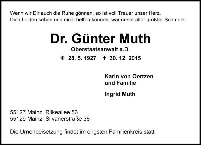  Traueranzeige für Günter Muth vom 09.01.2016 aus  Allgemeine Zeitung Mainz