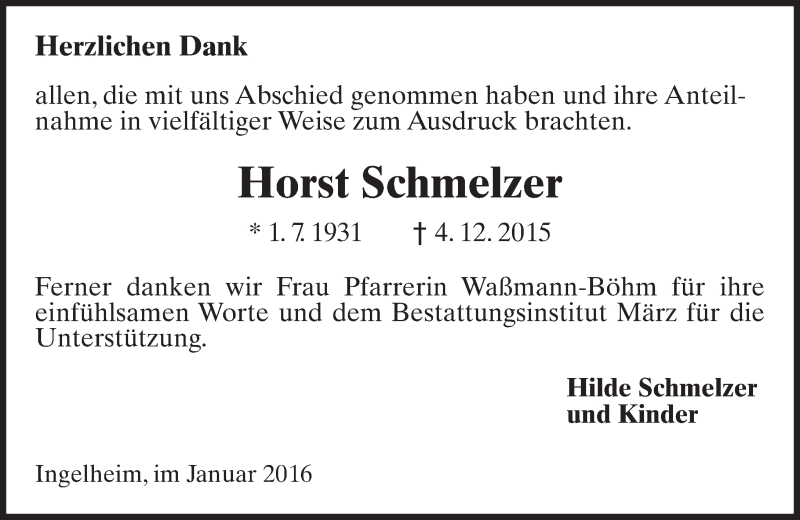  Traueranzeige für Horst Schmelzer vom 30.01.2016 aus  Allgemeine  Zeitung Ingelheim-Bingen