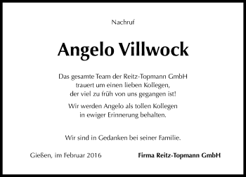 Traueranzeige von Angelo Villwock von  Gießener Anzeiger