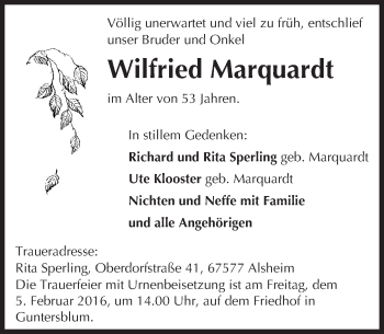 Traueranzeige von Wilfried Marquardt von  Landskrone