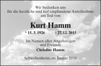 Traueranzeige von Kurt Hamm von  Allgemeine  Zeitung Ingelheim-Bingen