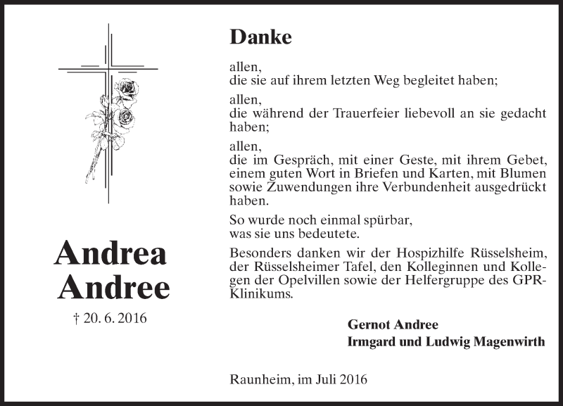  Traueranzeige für Andrea Andree vom 09.07.2016 aus Trauerportal Rhein Main Presse