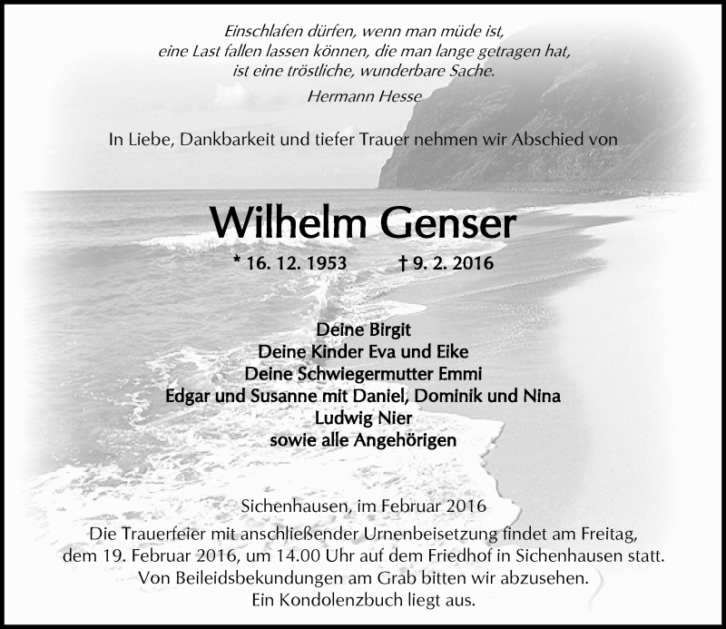  Traueranzeige für Wilhelm Genser vom 16.02.2016 aus VRM Trauer
