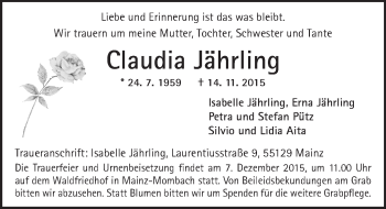 Traueranzeige von Claudia Jährling von  Allgemeine Zeitung Mainz