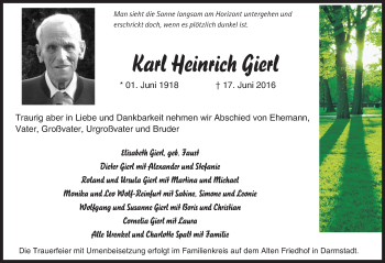 Traueranzeige von Karl Gierl von Trauerportal Echo Online