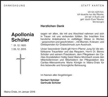 Traueranzeige von Apollonia Schüler von  Allgemeine Zeitung Mainz