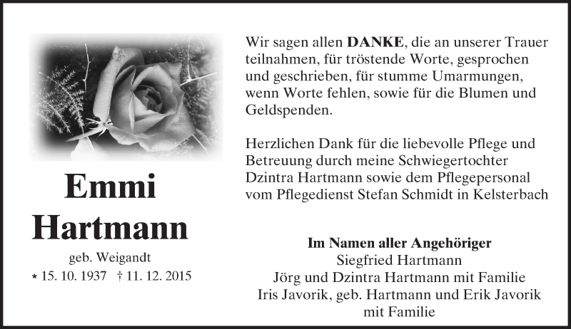  Traueranzeige für Emmi Hartmann vom 30.12.2015 aus  Mainspitze