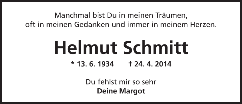 Traueranzeige für Helmut Schmitt vom 23.04.2016 aus  Allgemeine Zeitung Mainz