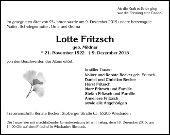 Traueranzeige von Lotte Fritzsch von  Wiesbaden komplett