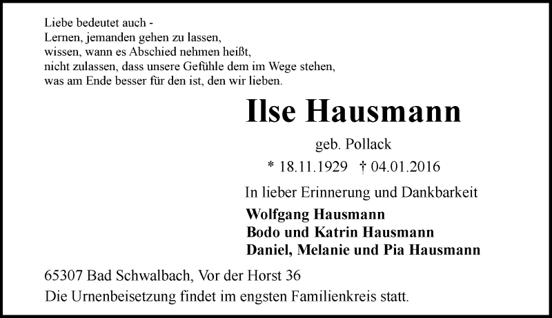  Traueranzeige für Ilse Hausmann vom 09.01.2016 aus  WK-UTA/Aar-Bote