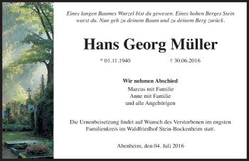 Traueranzeige von Hans Georg Müller von Trauerportal Rhein Main Presse