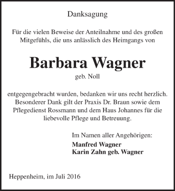 Traueranzeige von Barbara Wagner von Trauerportal Echo Online