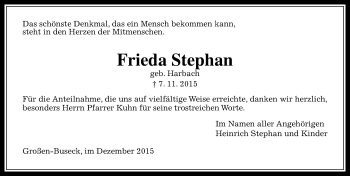 Traueranzeige von Frieda Stephan von  Gießener Anzeiger