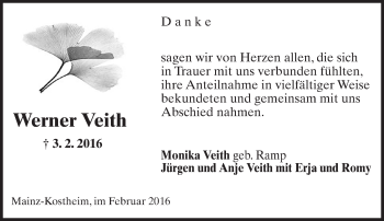 Traueranzeige von Werner Veith von  Allg. Zeitung Bad Kreuznach