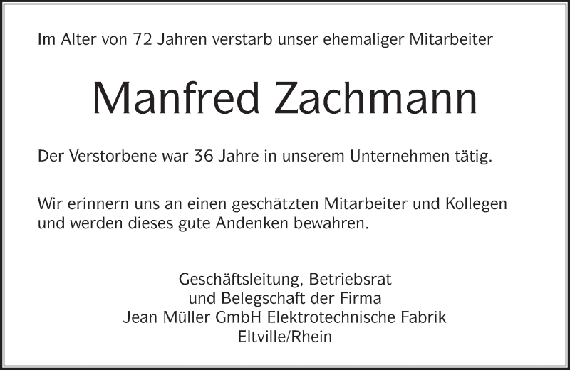  Traueranzeige für Manfred Zachmann vom 18.02.2016 aus  Rheingau