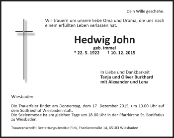 Traueranzeige von Hedwig John von  Wiesbaden komplett