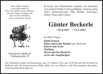 Traueranzeige von Günter Beckerle von  Wormser Zeitung