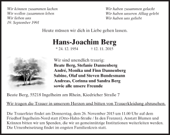 Traueranzeige von Hans-Joachim Berg von  Allgemeine  Zeitung Ingelheim-Bingen