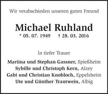 Traueranzeige von Michael Ruhland von  Allgemeine Zeitung Alzey
