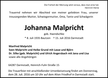 Traueranzeige von Johanna Malpricht von Trauerportal Echo Online