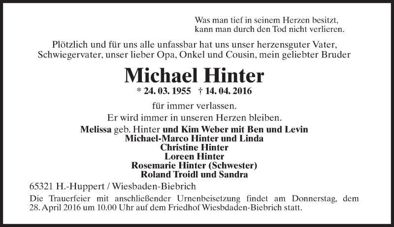  Traueranzeige für Michael Hinter vom 23.04.2016 aus  Wiesbaden komplett