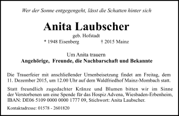 Traueranzeige von Anita Laubscher von  Allgemeine Zeitung Mainz