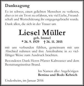 Traueranzeige von Liesel Müller von  Allgemeine Zeitung Alzey