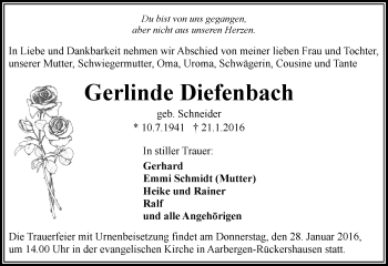 Traueranzeige von Gerlinde Diefenbach von  WK-UTA/Aar-Bote