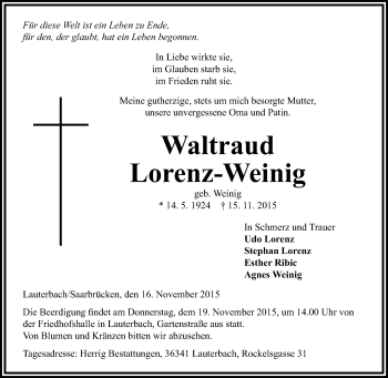 Traueranzeige von Waltraud Lorenz-Weinig von VRM Trauer