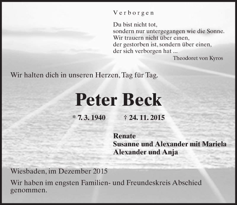  Traueranzeige für Peter Beck vom 05.12.2015 aus  Wiesbaden komplett