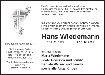 Traueranzeige von Hans Wiedemann von  Bürstädter Zeitung