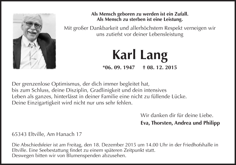  Traueranzeige für Karl Lang vom 12.12.2015 aus  Wiesbaden komplett