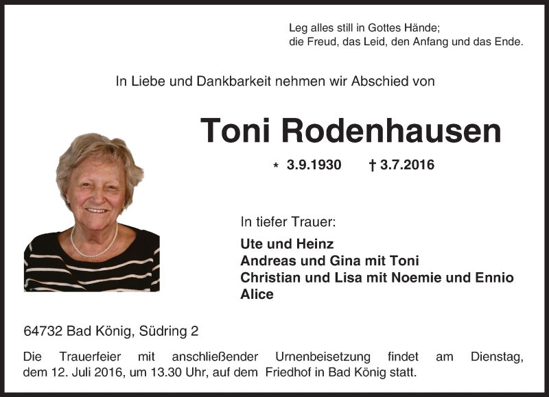  Traueranzeige für Toni Rodenhausen vom 09.07.2016 aus Trauerportal Echo Online