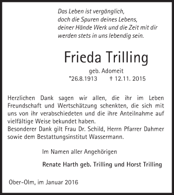 Traueranzeige von Frieda Trillinger von  Allgemeine Zeitung Mainz