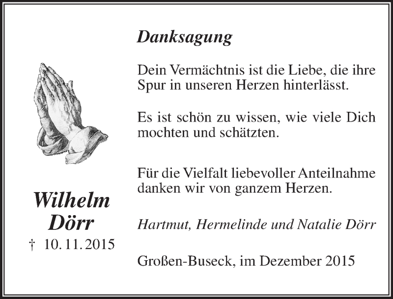  Traueranzeige für Wilhelm Dörr vom 04.12.2015 aus  Busecker Anzeiger