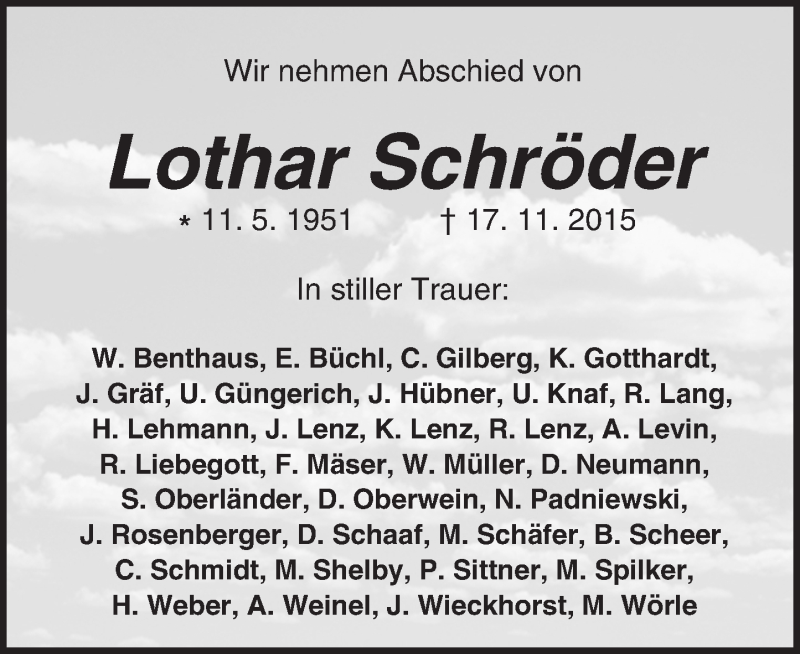  Traueranzeige für Lothar Schröder vom 21.11.2015 aus  Kreisanzeiger