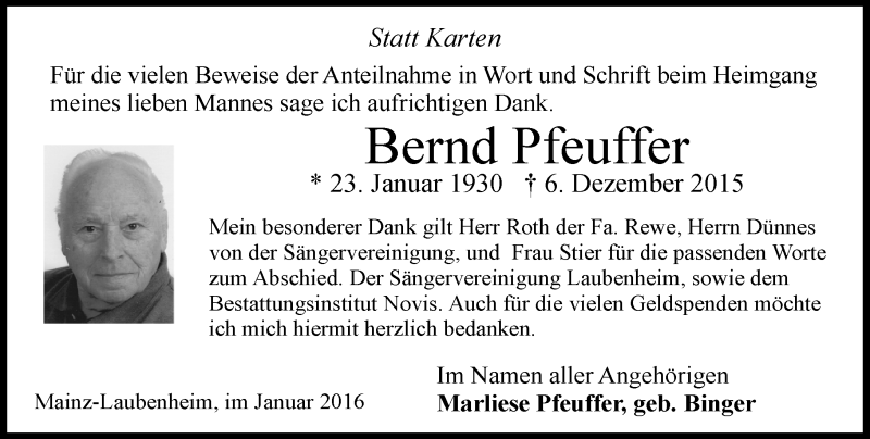  Traueranzeige für Bernd Pfeuffer vom 09.01.2016 aus  Allgemeine Zeitung Mainz