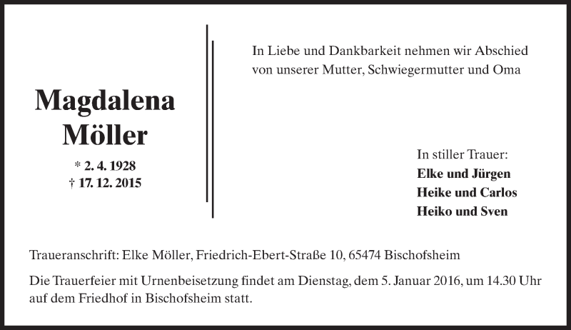  Traueranzeige für Magdalena Möller vom 02.01.2016 aus  Allgemeine Zeitung Mainz