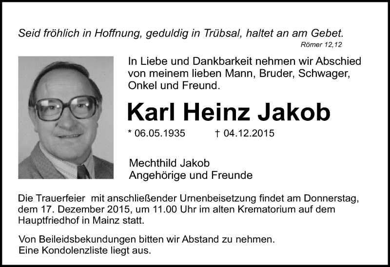  Traueranzeige für Karl Heinz Jakob vom 09.12.2015 aus  Allgemeine Zeitung Mainz