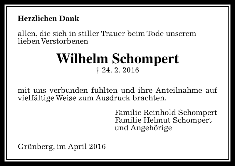  Traueranzeige für Wilhelm Schompert vom 02.04.2016 aus  Gießener Anzeiger