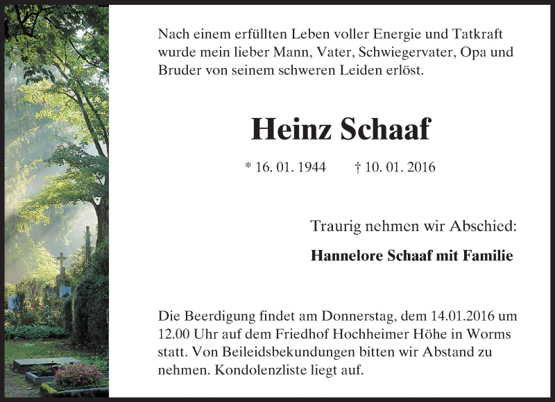  Traueranzeige für Heinz Schaaf vom 12.01.2016 aus  Wormser Zeitung