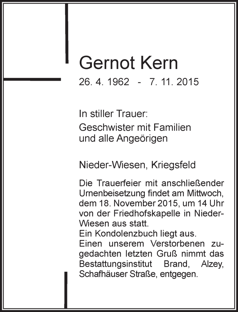  Traueranzeige für Gernot Kern vom 12.11.2015 aus  Allgemeine Zeitung Alzey