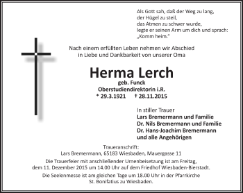 Traueranzeige von Herma Lerch von  Wiesbaden komplett