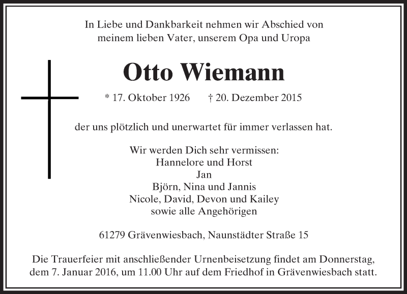  Traueranzeige für Otto Wiemann vom 24.12.2015 aus  Usinger Anzeiger