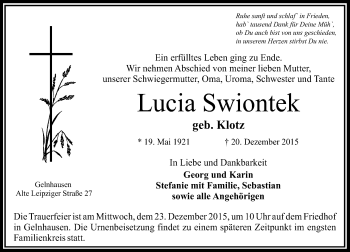 Traueranzeige von Lucia Swiontek von  Gelnhäuser Tageblatt