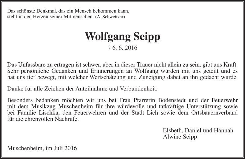  Traueranzeige für Wolfgang Seipp vom 23.07.2016 aus  Gießener Anzeiger