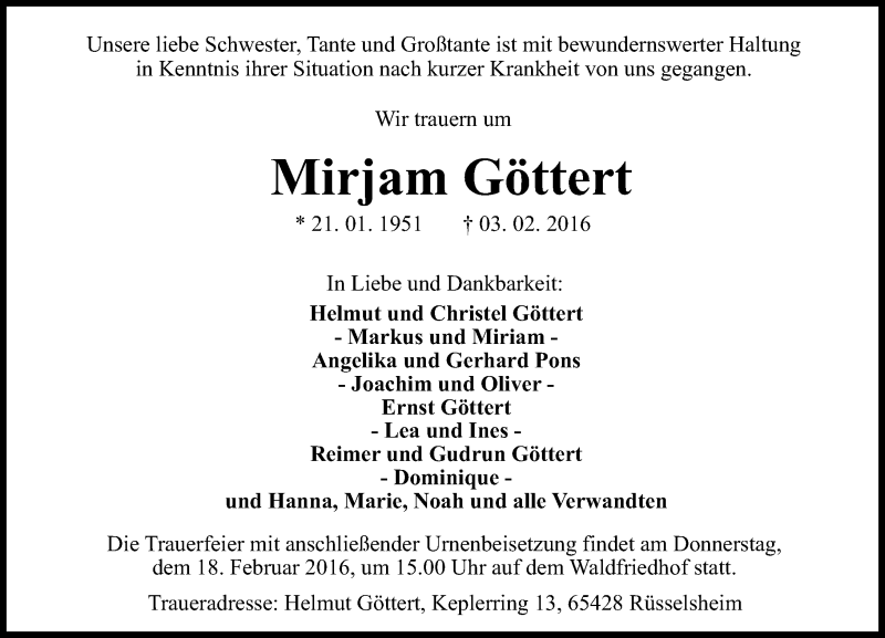  Traueranzeige für Mirjam Göttert vom 13.02.2016 aus  Mainspitze