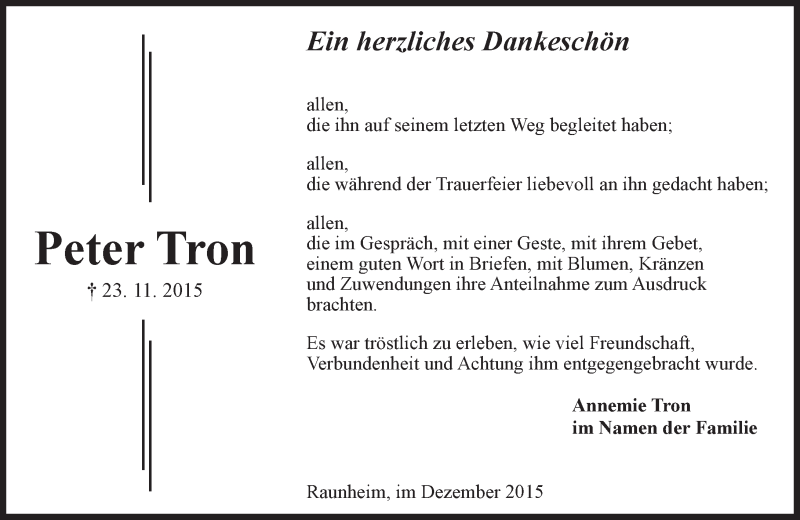  Traueranzeige für Peter Tron vom 12.12.2015 aus  Mainspitze