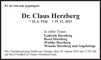 Traueranzeige von Claus Herzberg von  Allgemeine Zeitung Mainz